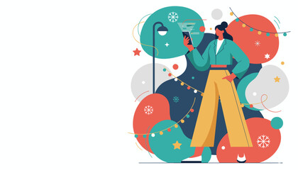 Stylish woman uses phone near lamppost in a festive winter scene illustration