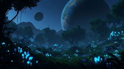 Otherworldly Night Landscape with Bioluminescent Fungi and Exoplanets