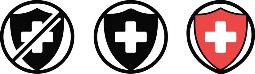 Medical protection shield icons set indicating safety and prohibition