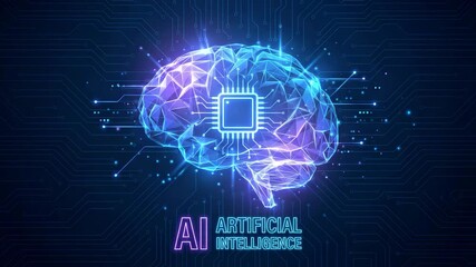 Artificial Intelligence Concept with Glowing Low Poly Brain and Microchip, Futuristic Digital Technology and Neural Network Background. Vİdeo - Powered by Adobe