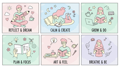Pastel cartoon set illustrating routines for selfcare creativity reading planning and personal growth