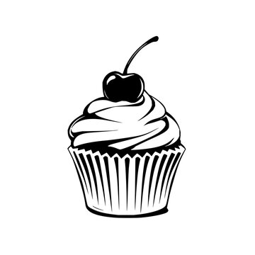 Illustration of a cupcake with frosting and a cherry on top in black and white style drawing design
