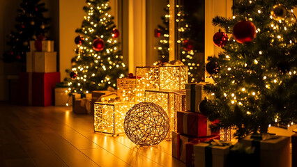Festive Christmas Display with Illuminated Trees and Gift Boxes on Wooden Floor