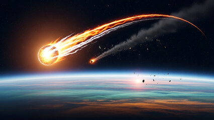 Fiery meteor and fragments streaking across Earth's atmosphere during sunrise from space