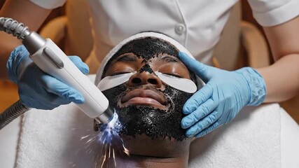 Man receiving facial treatment with laser device in a spa setting
