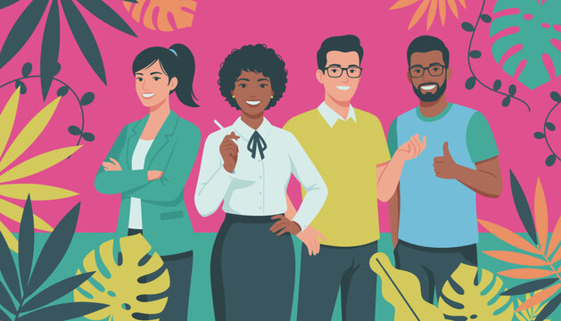 Diverse professional team portrait against a vibrant tropical background Business success teamwork and modern office - Powered by Adobe