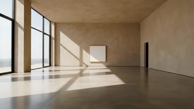 Wide sweeping pull-back shot from a minimal square framed canvas revealing the spacious empty contemporary room interior with beige walls beige, design, architecture