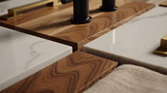 A close-up cinematic dolly shot glides slowly over a sophisticated kitchen interior design mood board displaying glossy white marble and natural dark wood samples kitchen, home, elegance