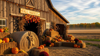 Golden Hour Fall Harvest Scene at a Rustic Barn