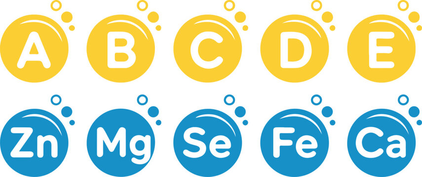 Yellow and blue circular icons featuring vitamin and mineral labels