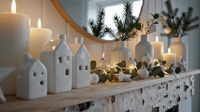A gentle cinematic dolly shot glides across a Scandinavian minimalist mantlepiece adorned with white holiday decorations and soft ethereal lighting decoration, beautiful, christmas