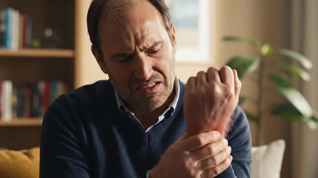 Man experiencing pain in his foot while sitting on a couch in a living room
