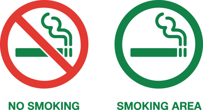 No smoking prohibition symbol next to smoking permitted area sign