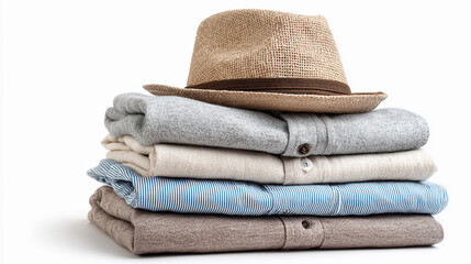 Stacked clothing with a straw hat on top in a simple arrangement