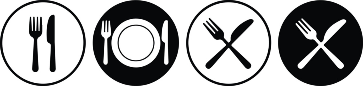 Dining cutlery set icons with fork and knife on transparent circle