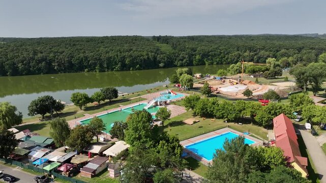 Aerial view of the Kurinec natural swimming pool in the Rimavska Sobota district in Slovakia