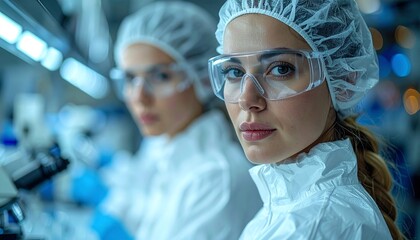 Scientific Breakthrough: Two focused female scientists, adorned in sterile lab attire, engaged in cutting-edge research. Intense and modern aesthetic, focusing on scientific pursuit and dedication.