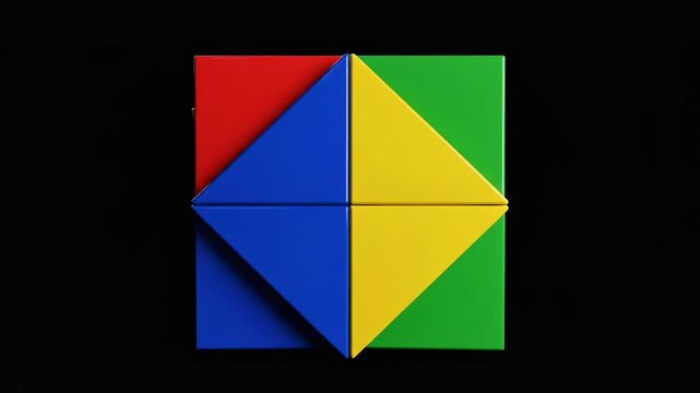 A seamless loop of vibrant geometric blocks slowly rotating and interlocking against a deep void of pure blackness vfx, connectivity, background