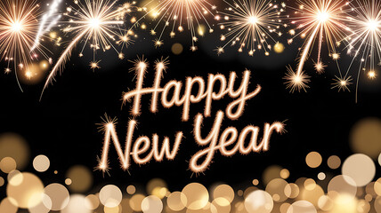 A festive "Happy New Year" greeting with sparkling golden text, fireworks, and bokeh lights on a black background.
