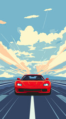 Fototapeta premium Red Sports Car Driving on Open Highway Road under Dramatic Cloudy Sky with Minimalist Flat Vector Style Sunset Lighting and Dynamic Perspective
