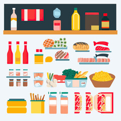 Flat minimalist vector illustration of assorted supermarket groceries including beverages, packaged foods, fresh bread, meat, vegetables, and snacks arranged on shelves and bowls in vibrant colors