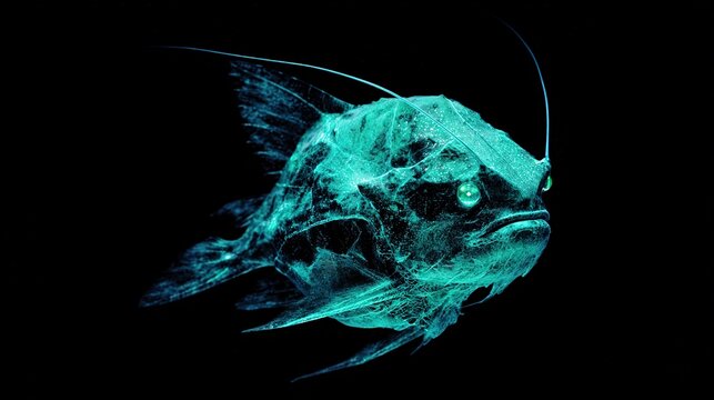 Flowing deep-sea abstraction: chimaera's luminous form and particle fog create dynamic biomorphic pattern, cool-toned light for design projects
