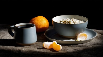 Still life symbolizing a fresh start: nutritious breakfast in morning light conveys self-discipline, self-care, and positive living attitude