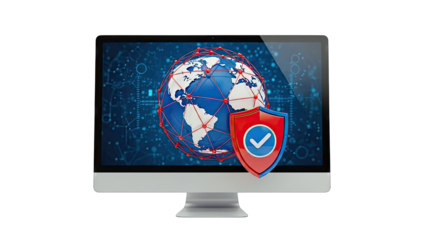 Computer Screen Displaying Global Security Shield and Earth