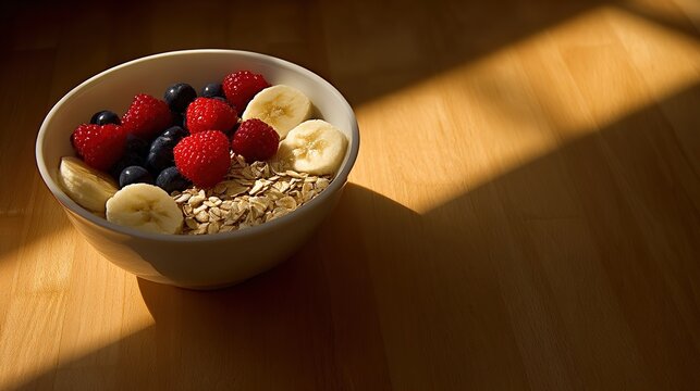 Warm minimalist home aesthetic: sunlight, wood, and ceramic textures, an oat bowl as focal point, ample space creates serene breakfast mood