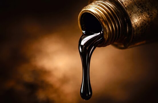 A bottle of oil is pouring out of a spout