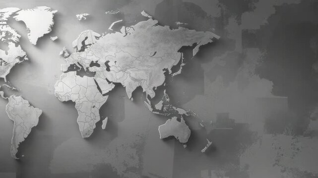 Monochrome textured world map wall art textured map with continent relief global map gray relief