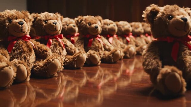 Cinematic dolly shot gliding slowly past an endless, perfectly organized row of identical classic brown teddy bears sitting neatly on a polished wooden surface surface, inventory, classic