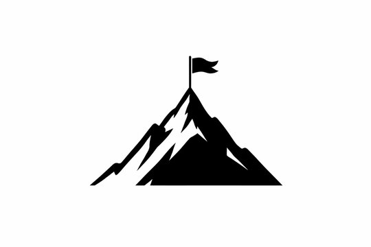 A bold black silhouette of a flag on a mountain peak.