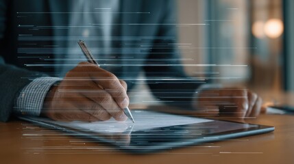 Medium shot of a professional utilizing tabletbased signature verification technology with layered encryption ensuring document integrity and compliance