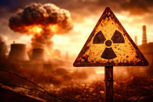 A rusted sign with a radioactive symbol on it is standing in a field - Powered by Adobe