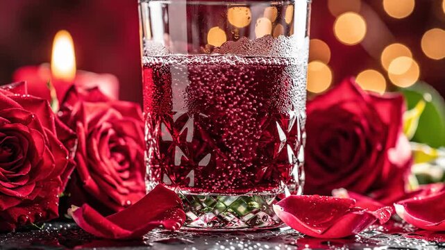 Romantic Glass of Red Beverage Beside Roses and Candlelight.