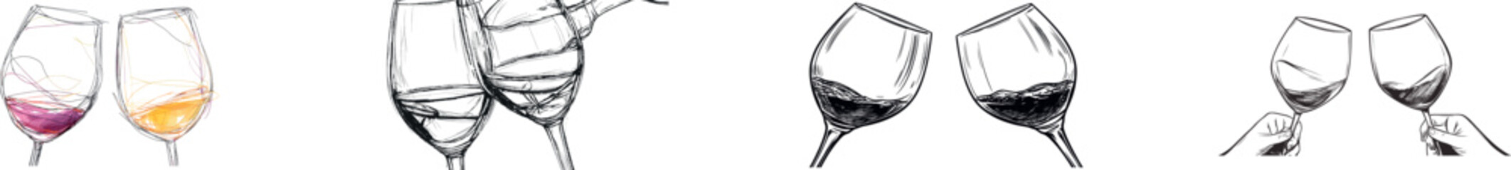 A modern illustration in a one-line doodle style features a continuous line drawing of two glasses of red wine, a champagne toast, and cheers, with a simple linear style and an editable stroke menu