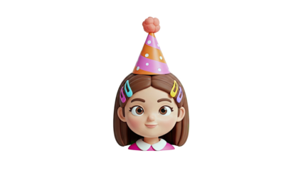 Cartoon Girl Character with Party Hat and Hair Clips