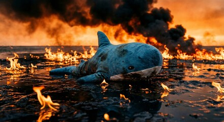 Plush Shark Toy Burning in Oil Fire Disaster at Sea