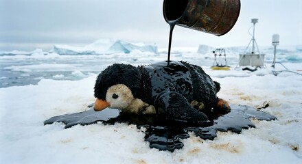 Crude Oil Pouring on Plush Penguin Toy Near Science Station