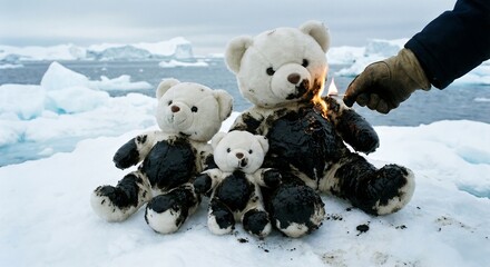 Conceptual Plush Polar Bears Burning in Oil Spill on Ice