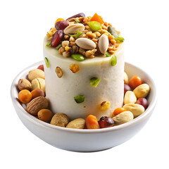A vibrant pile of mixed nuts and dried fruits atop a creamy base on