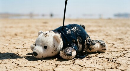 Oil Pouring on Plush Polar Bear on Cracked Dry Earth