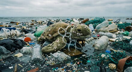 Plush Sea Turtle Tangled in Plastic Rings on Polluted Beach