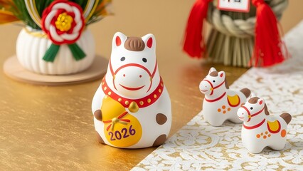 Obraz premium Japanese New Year Decorative horse figurines on a table with floral arrangement