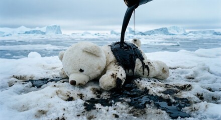 Crude Oil Pouring on Plush Polar Bear on Arctic Ice
