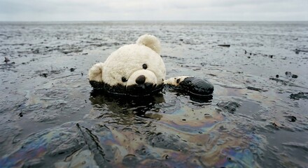 Plush Polar Bear Head Submerged in Black Oil Spill