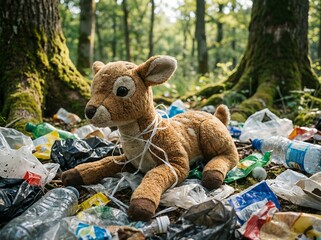 Plush Deer Fawn Toy Entangled in Plastic Waste in Forest