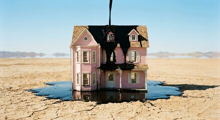Pink Dollhouse Covered in Black Oil on Cracked Dry Earth