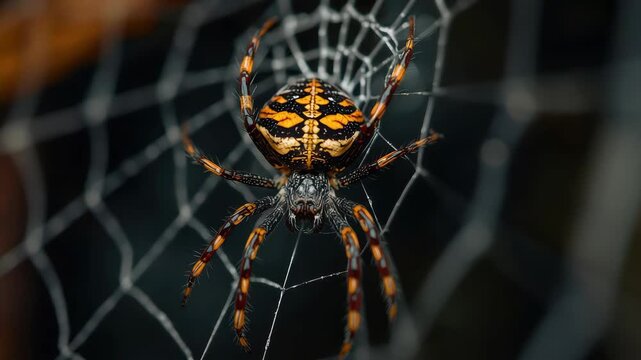 Colorful orb weaver spider on web with intricate orange pattern and eerie dramatic lighting patterns